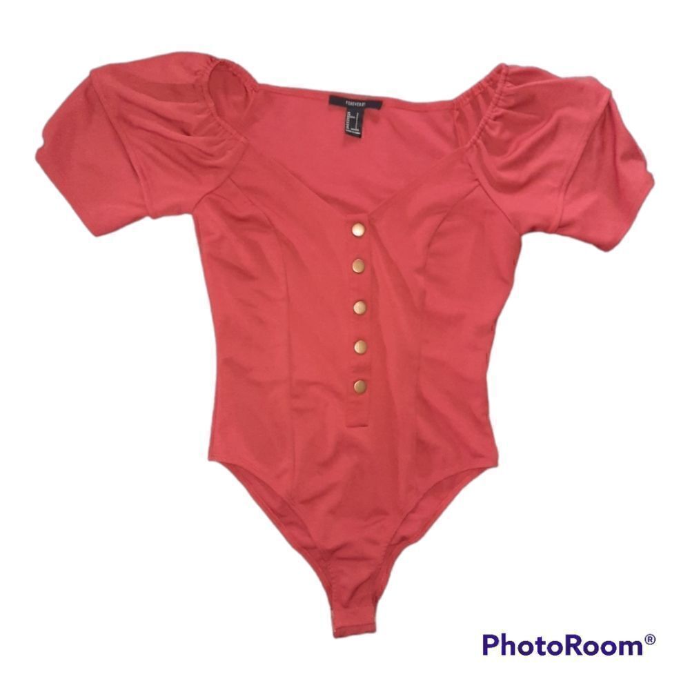 Forever 21 Button Front Puff Sleeve BodySuit
